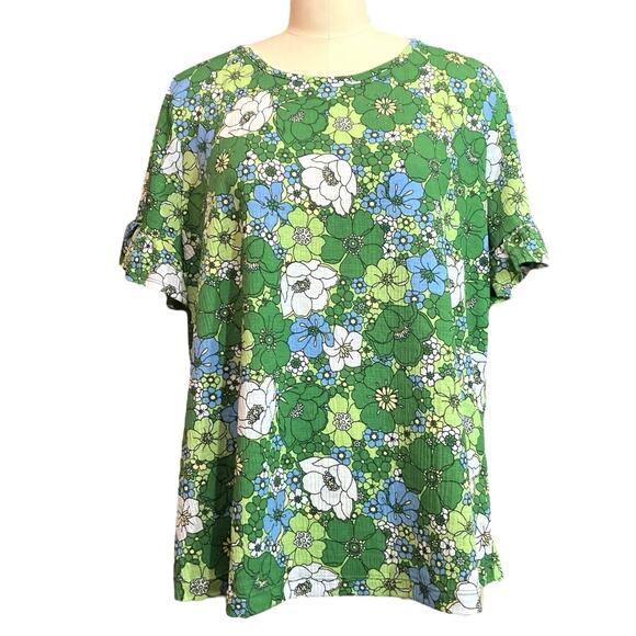 Kim & Cami Los Angeles Women's Green Floral Print Flutter Sleeve Blouse SZ XL - Picture 1 of 6